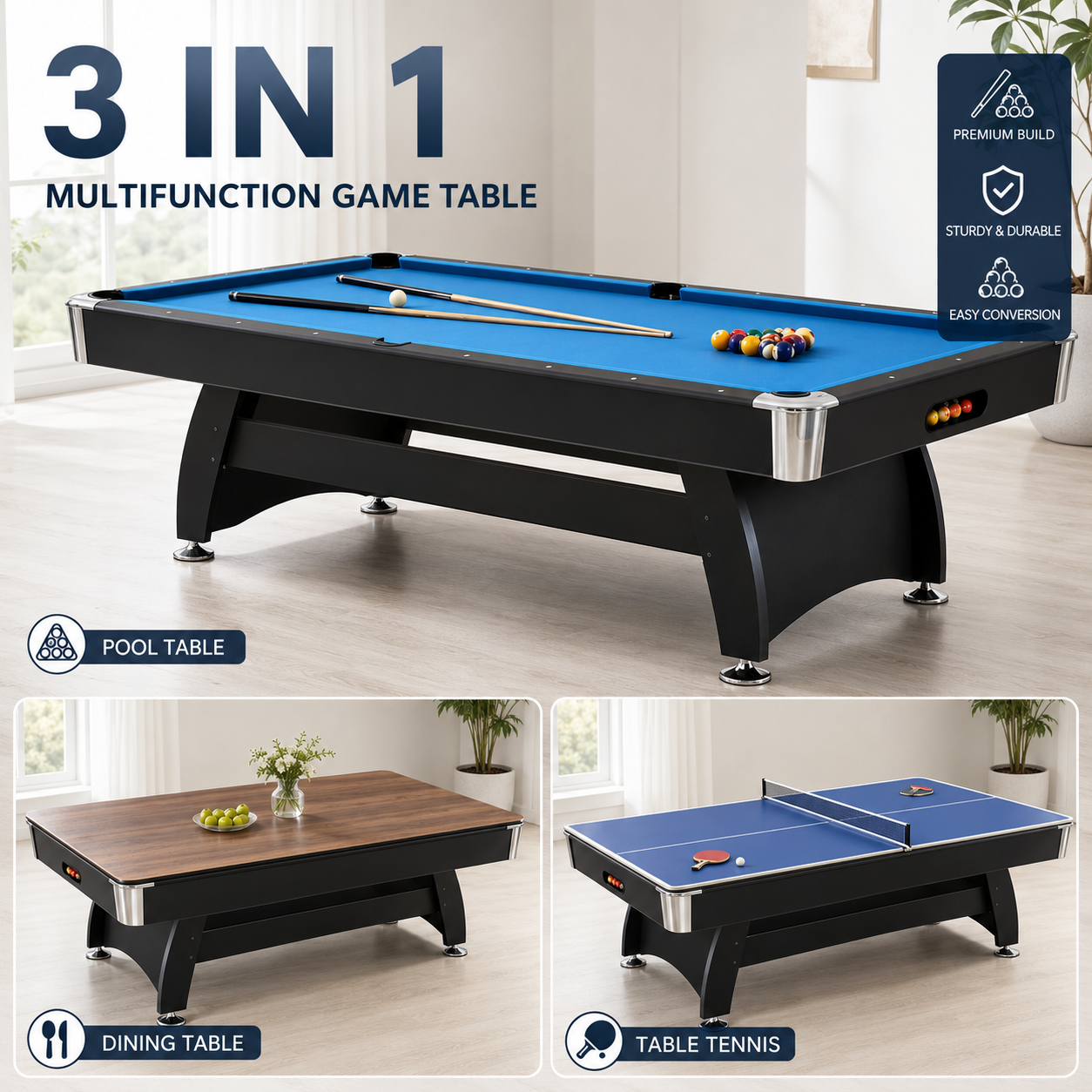Eight-foot three-in-one pool dining and table tennis combination table