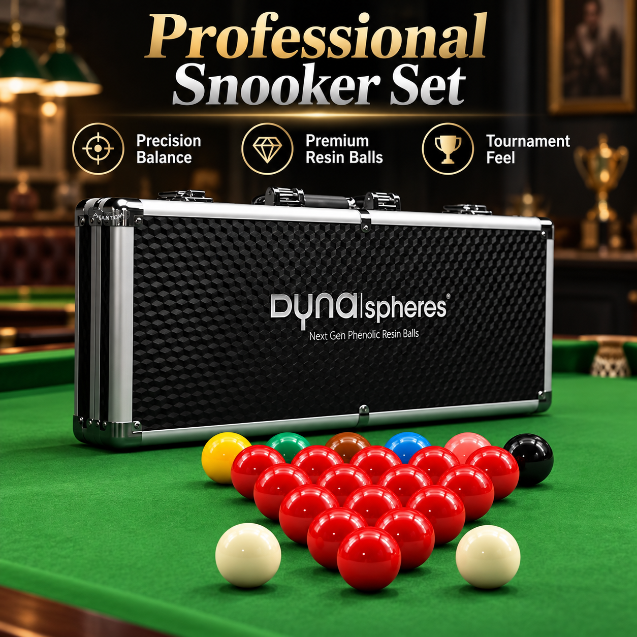 Dynaspheres 52.5 millimeter snooker ball set in Phantom Case 524 aluminum box